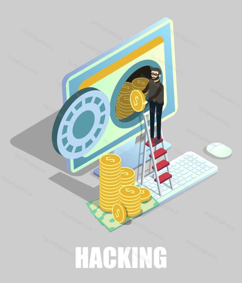 Isometric cyber thief hacker stealing money from computer, vector illustration. Internet security, data protection, web hacking, cyber crime, hacking attack.