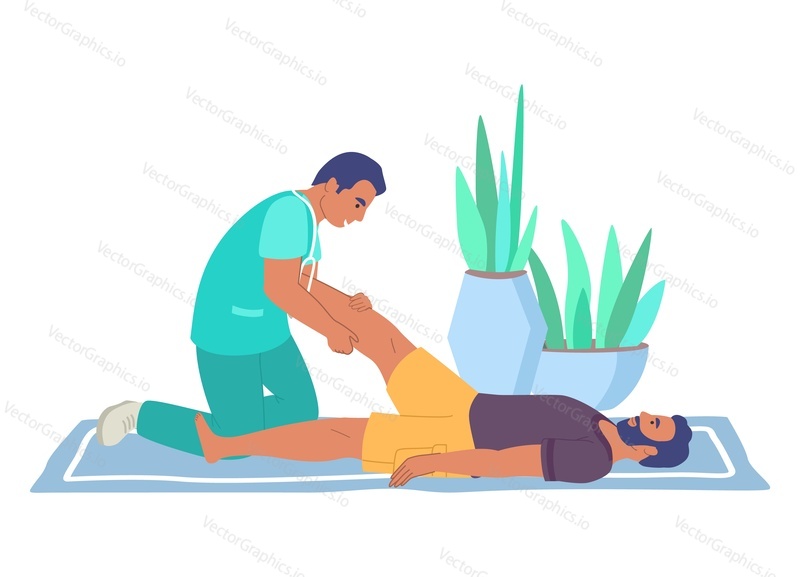 Rehabilitation center. Massage therapy, flat vector illustration. Male physiotherapist giving leg massage to patient lying on the floor. Rehabilitation and physiotherapy treatment of injured people.