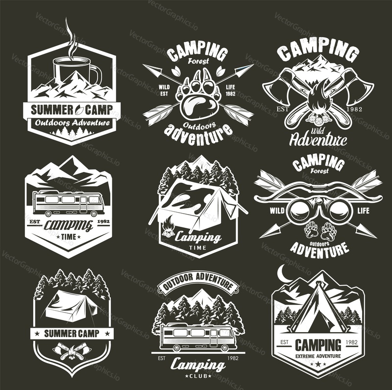 Summer camping label set, vector monochrome illustration. Vintage logos, badges, emblems with forest, tent, metal cup, axe, campfire, camper van and other camping symbols.