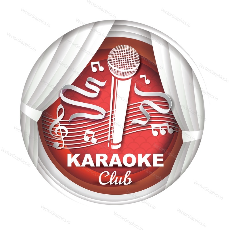 Paper cut karaoke music club label, logo, badge. Microphone, theater stage curtains, music notes, vector illustration. Karaoke night club, party poster banner template.