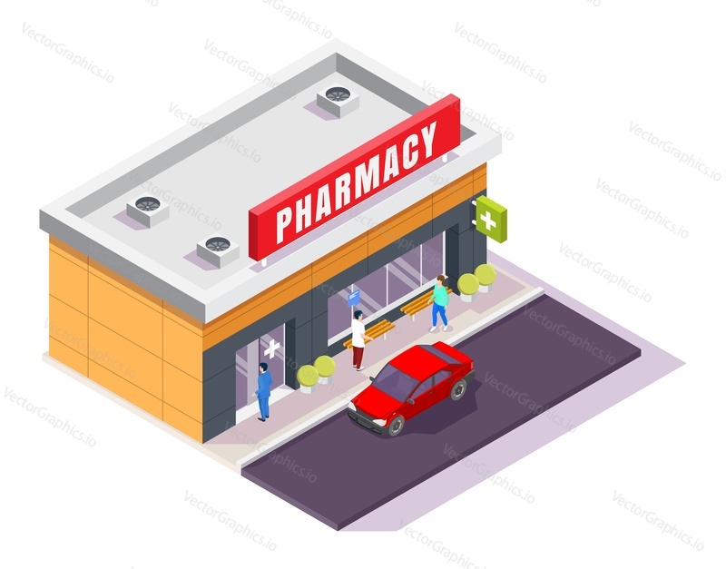 Pharmacy store facade, isometric vector illustration isolated on white background. Drugstore building with pharmacy signboard and characters.