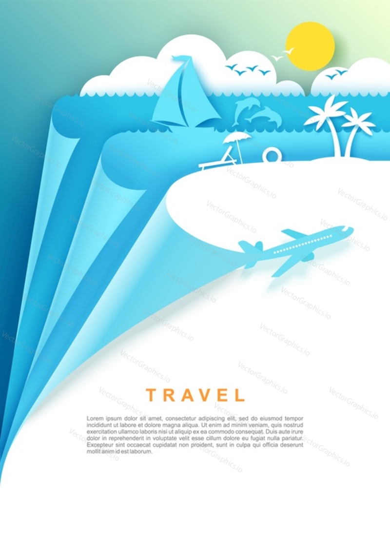 Travel poster, banner template, vector illustration in paper art style. Plane flying in sky, origami sailboat floating on water, jumping dolphins and ocean beach. Air travel, summer beach vacation.