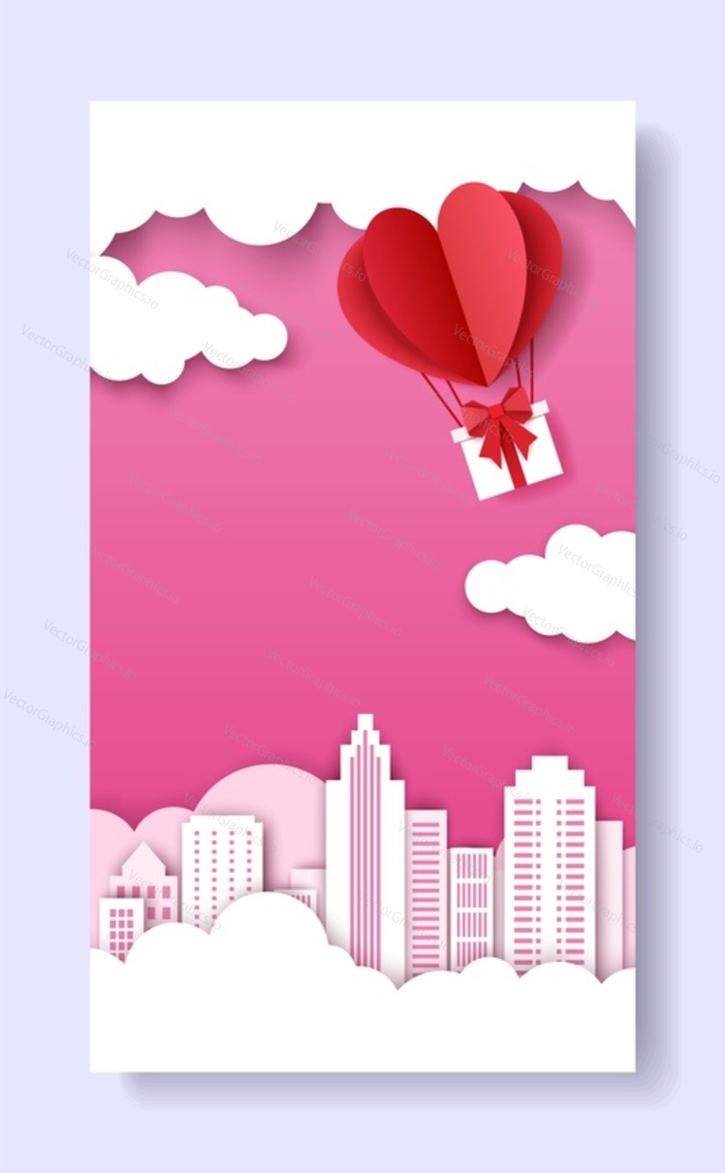 Valentines Day social media story, post vector template. Paper cut heart shape hot air balloon with gift flying high in the sky over the city. Creative composition for poster, banner, cover, card.