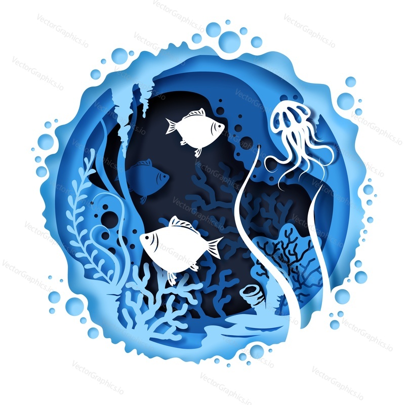Vector layered paper cut style underwater sea cave with aquatic plants, exotic fish, jellyfish and coral reef. Ocean or sea bottom landscape. The beauty of underwater world concept in paper art style.