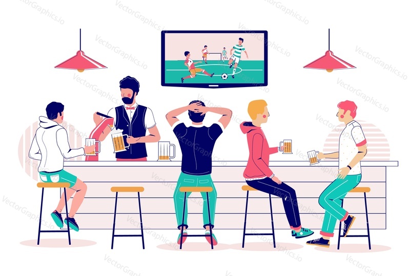 Group of people drinking beer and watching football match in sport bar, vector flat illustration. Beer pub visitors soccer fans supporting their favorite team and having fun.