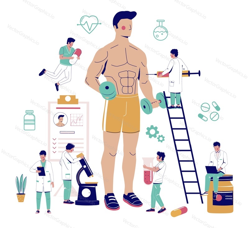 Bodybuilder athlete using anabolic steroids for sport competition, muscle building, flat vector illustration. Illegal drugs, doping in sport. Anabolic research lab.