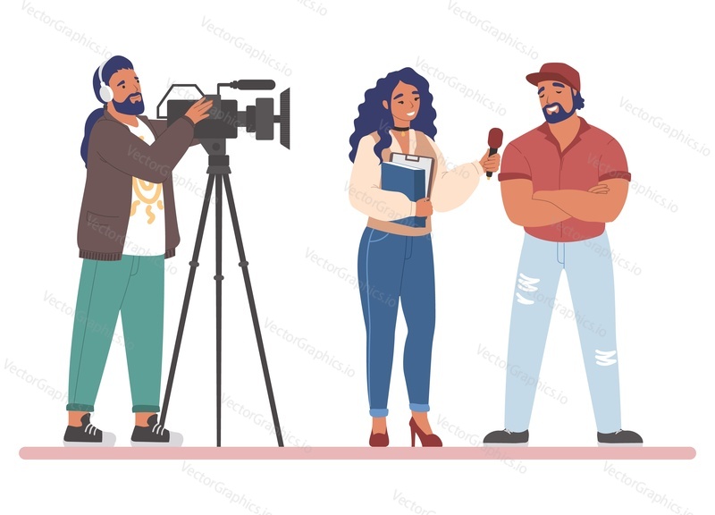 TV journalist street interview, flat vector illustration. News reporter female with microphone interviewing man, cameraman shooting video. Journalism, mass media, live hot breaking news broadcasting.
