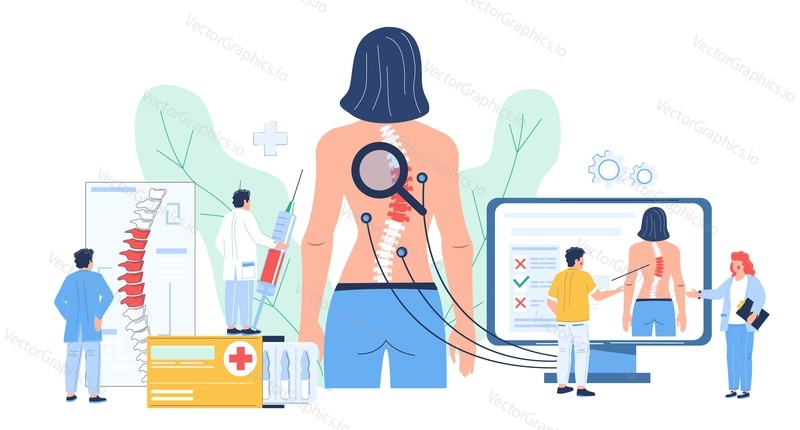 Osteopathy session and treatment. Patient female standing back, doctors looking at her spine using computer, magnifying glass, flat vector illustration. Osteopathy spine disease diagnosis. Bone health