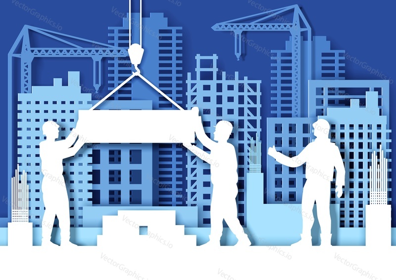 Paper cut craft style construction site with tower cranes, builder workers silhouettes, vector illustration. Building development. Construction industry.