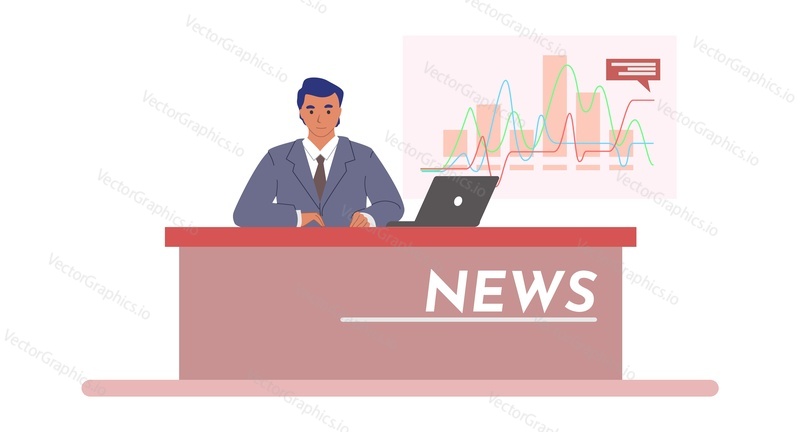 Tv breaking news with anchorman, flat vector illustration. The latest current news television program with presenter male cartoon character in studio. Live events, headlines, special report, newscast.