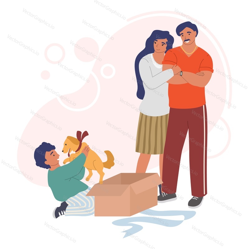 Happy boy receiving cute puppy gift from his parents, vector flat illustration. Father and mother surprising their kid with dog gift and making him happy.