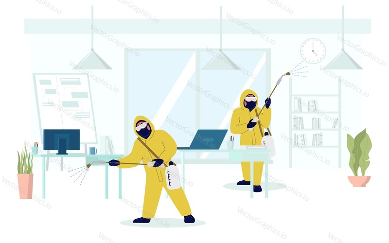 People in full hazmat suits carrying out preventive office disinfection, vector flat illustration. Preventing spread of coronavirus disease COVID-19. Coronavirus cleaning and disinfection services.