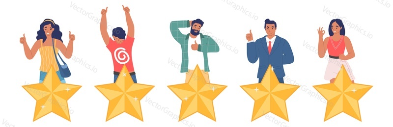 People giving five star feedback showing ok, yes hand gestures, leaving positive review, flat vector illustration. Customer satisfaction survey. Five stars rating.