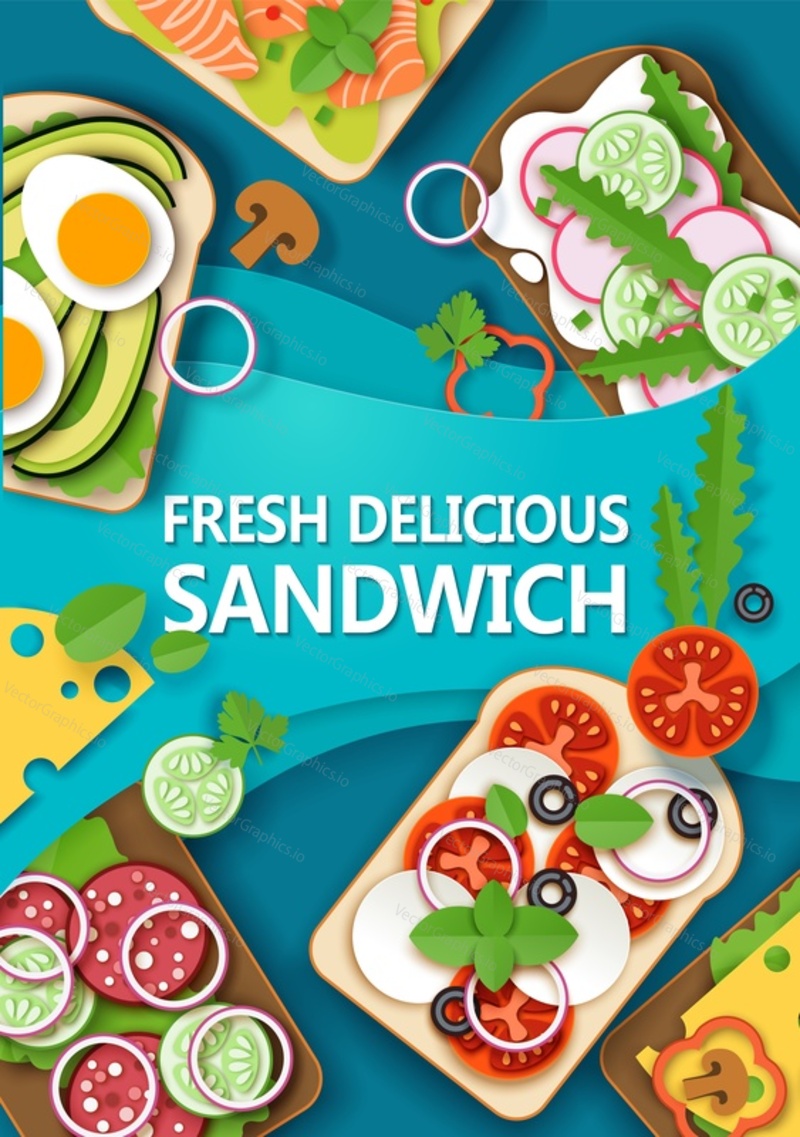 Fresh delicious sandwich, healthy breakfast foods poster banner template. Vector layered paper cut style top view illustration. Tasty bright breakfast dishes with vegetables, eggs, avocado, red salmon