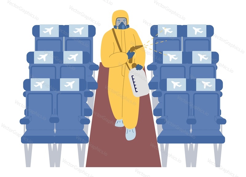 Cleaning and disinfection of aircraft cabin surfaces, flat vector illustration. New antiviral flight rules, the new normal of air travel, safe flight. Coronavirus Covid-19 disease spread prevention.