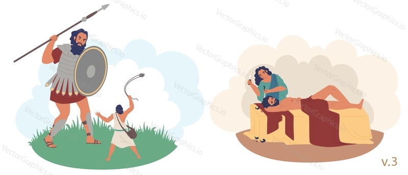 David and Goliath, Samson and Delilah Bible Stories characters, vector flat illustration. Battle between David and Goliath. Samson betrayed by lover Delilah cutting his hair while he was sleeping.