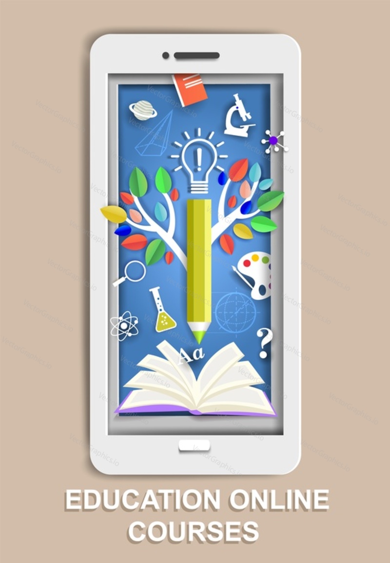 Paper cut smartphone with open book, tree of knowledge, science and school symbols, vector illustration. Online education, remote studying, distance learning, online courses.