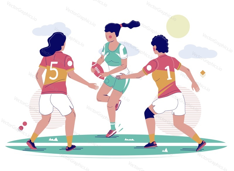 Girls playing rugby football sport game on field, vector flat illustration. Women rugby competition, championship, training concept for poster, banner etc.