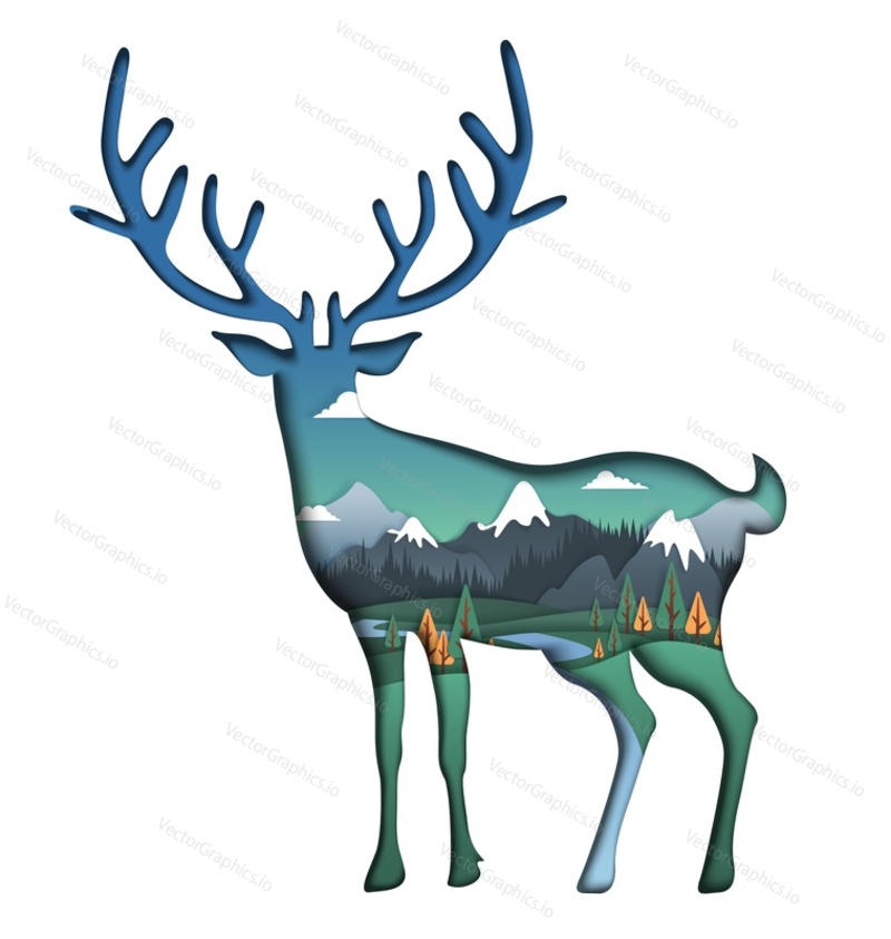 Nature landscape inside of deer silhouette, vector illustration in paper art style, double exposure. Save nature and wildlife. Ecology, environment conservation. Travel, hiking poster template.