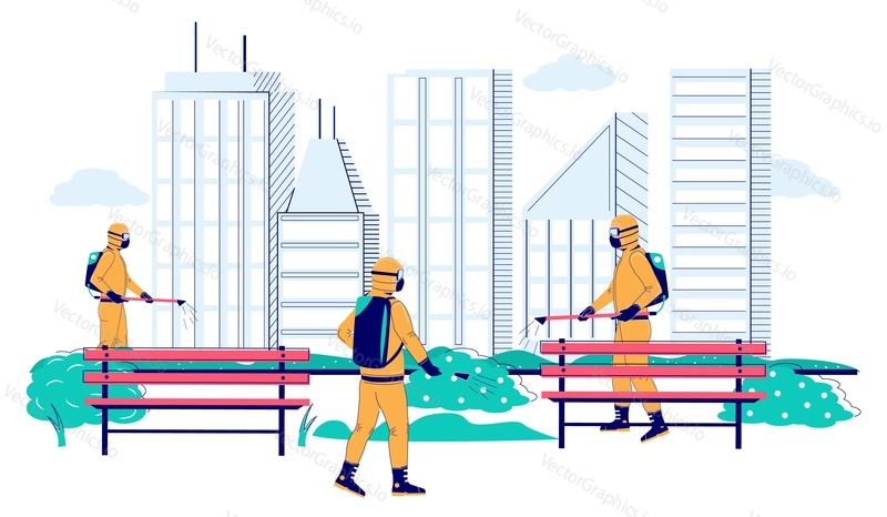People in full hazmat suits disinfecting city park street due to coronavirus pandemic, vector flat illustration. Corona virus cleaning and disinfection services. Virus respiratory disease prevention.