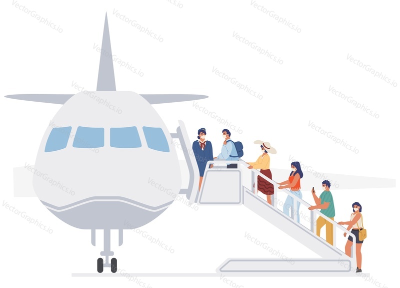 Пассажиры, стюардесса в масках для защиты от коронавируса Covid-19 во время процедуры посадки, плоская векторная иллюстрация. Новые правила полета с противовирусными препаратами в самолете, новая норма авиаперелетов, безопасный полет