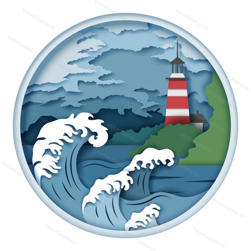 Lighthouse on ocean coast and raging waves, vector illustration in paper art craft style. Lighthouse symbolizing way forward, safety. Summer sea travel, journey, adventure concept in paper cut style.