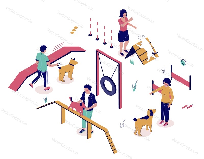 Dog trainers teaching pet dogs to play and perform tricks on playground, vector flat illustration. Isometric male and female characters, equipment for animal training. Dog obedience training classes.