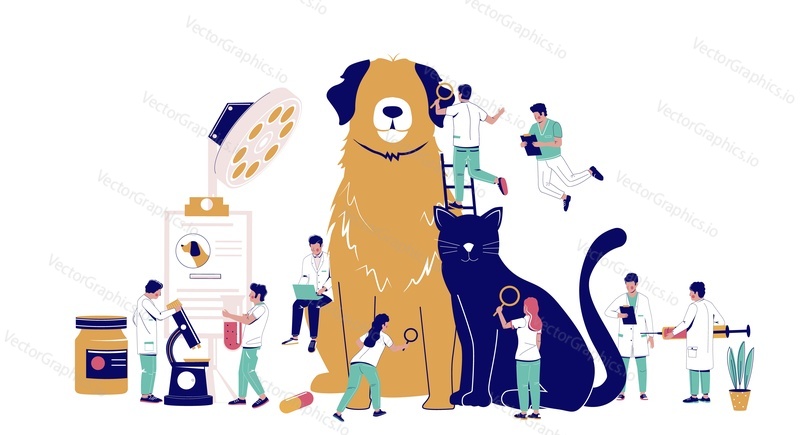 Veterinary clinic services, vector flat illustration. Huge dog and cat, tiny characters vets with syringe, microscope, magnifying glass. Veterinarian pet checkup, animal treatment, medical pet care.