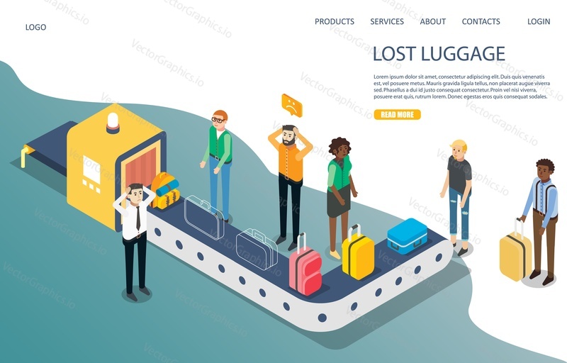 Lost baggage vector website template, landing page design for website and mobile site development. Isometric scared people travelers waiting for lost luggage. Baggage carousel, conveyor belt.