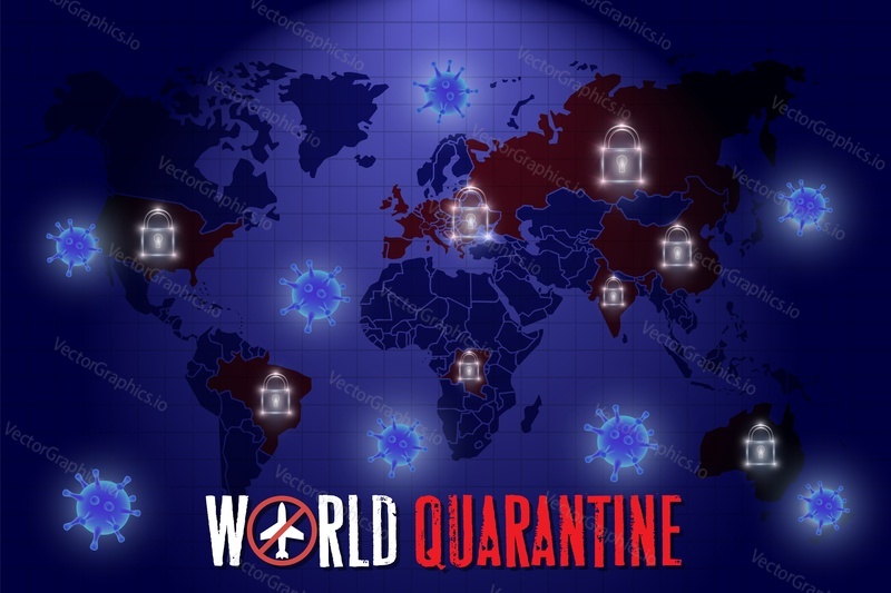 World quarantine, vector poster, banner template. Coronavirus pandemic world map shows closed borders because of global outbreak of corona virus disease. Novel respiratory virus spread prevention.
