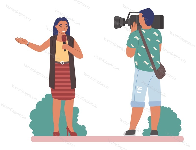 TV journalist or reporter female character speaking with microphone before operator recording live news in the street, flat vector illustration. Journalism, mass media, hot breaking news broadcast.