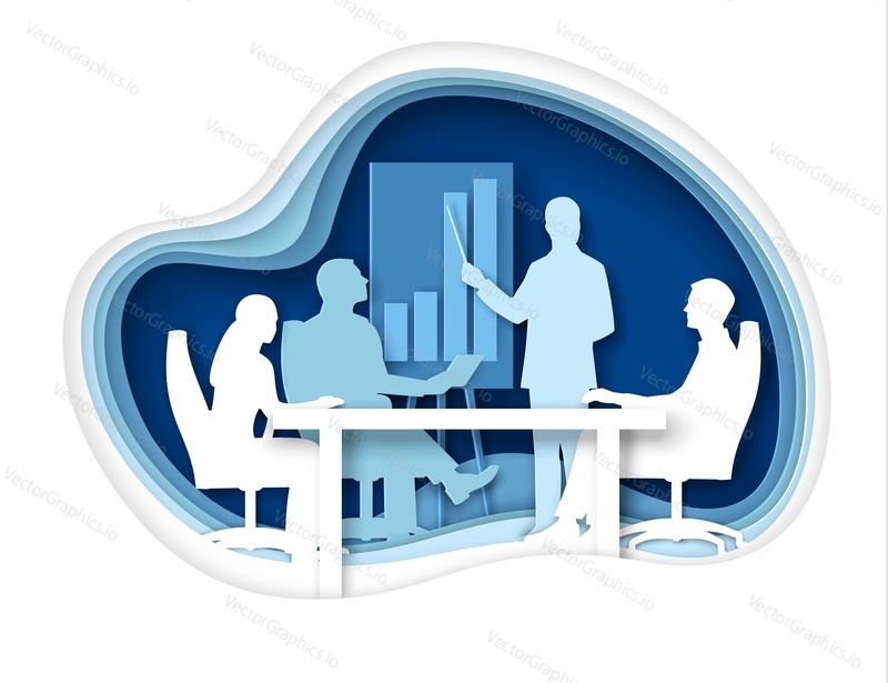 Office life scene, vector illustration in paper art craft style. Group of business people silhouettes having workshop, meeting, planning, giving presentation. Teamwork, office situations.
