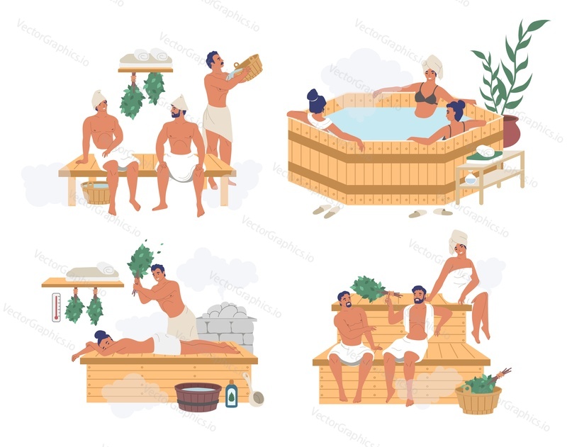 People enjoying wellness and relaxation water procedures in russian steam bath, finnish sauna, japanese hot spring bath, flat vector isolated illustration. Spa resort sauna bathhouse body care therapy