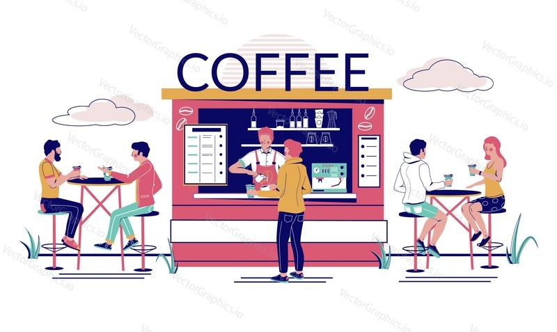Street coffee shop, cafe with barista making coffee to go for man and visitors sitting at tables, vector flat illustration. Outdoor cafeteria, restaurant terrace concept for web banner, website page.