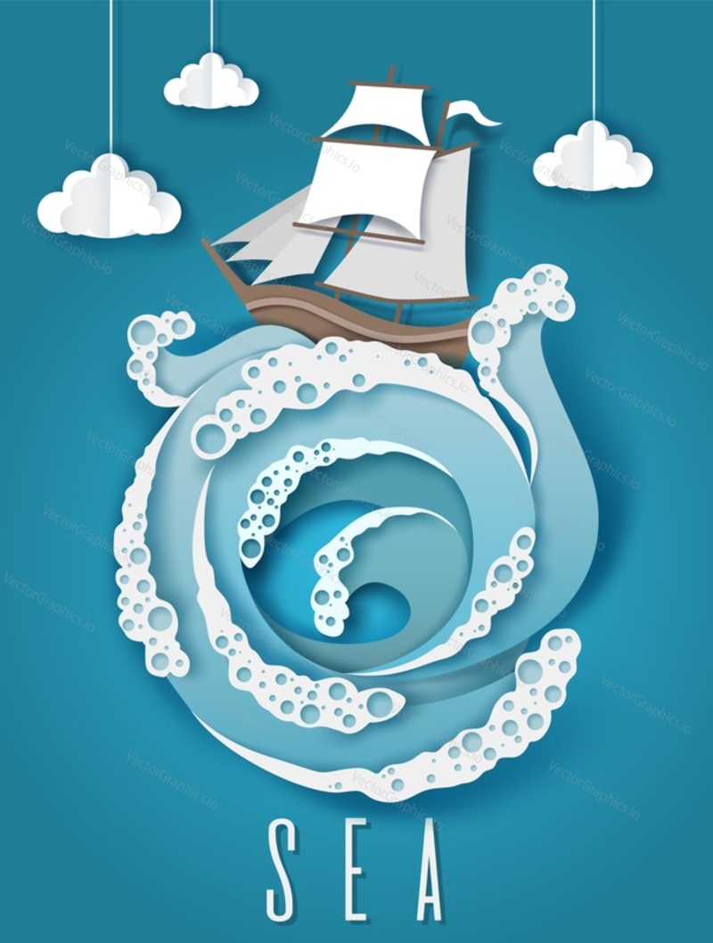 Парусник и бушующее море, белые облака, векторная иллюстрация в стиле бумажного искусства. Плывущий корабль по штормовой волне. Морская экскурсия, приключенческая композиция в стиле многослойной вырезки из бумаги.
