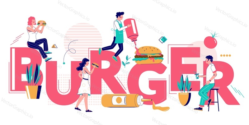 Burger, snack food typography banner template, vector flat illustration. Fast food restaurant chefs cooking and people eating delicious hamburger, cheeseburger. Burger house concept.