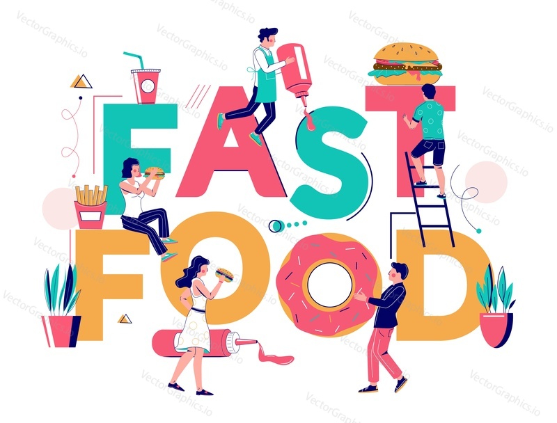 Fast food typography banner template, vector flat illustration. Restaurant chefs cooking and people eating snack food such as hamburger, donut, french fries.