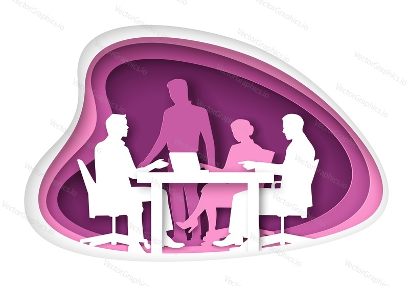 Office life scene, vector illustration in paper art craft style. Group of business people silhouettes having meeting, discussion sitting at table in boardroom. Daily routine, office situations.