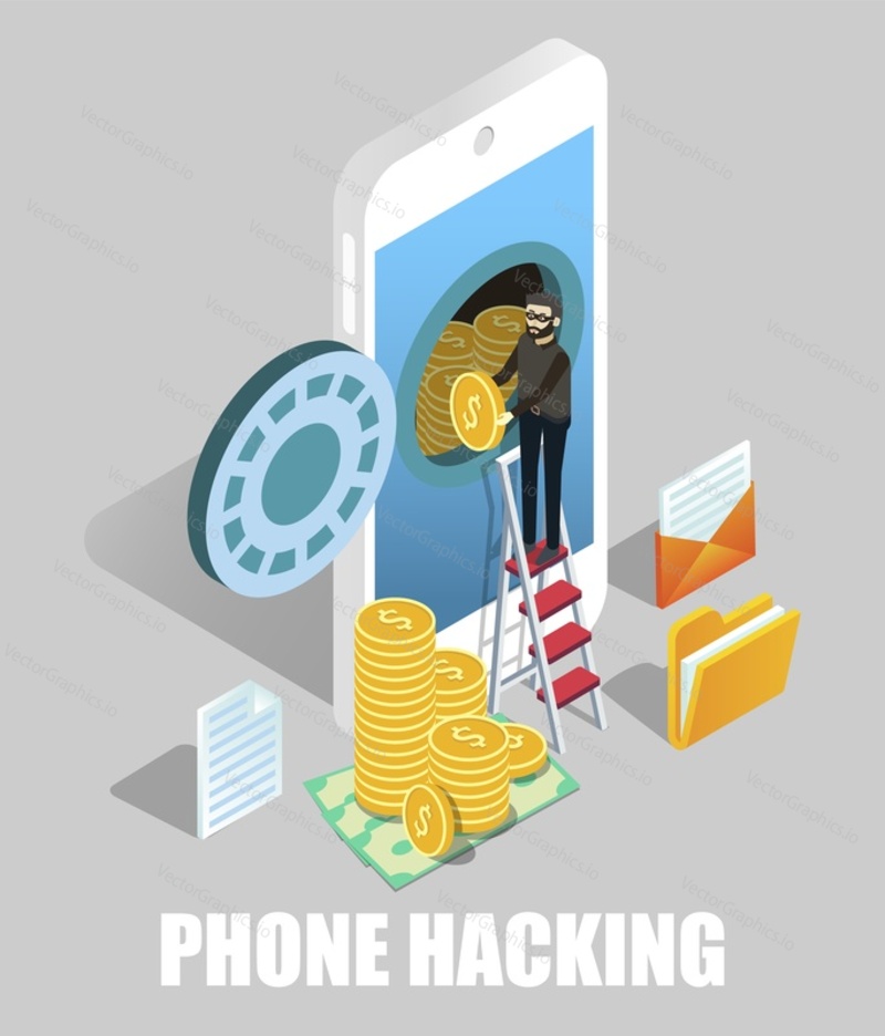 Phone hacking scams. Isometric hacker, cyber thief stealing money from smartphone, vector illustration. Cyber crime, hacking attack, mobile phishing protection.