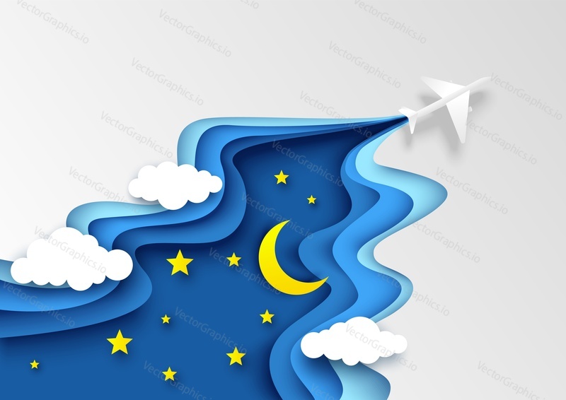 Vector layered paper cut style night starry sky, fluffy clouds, flying plane. World travel, air flight, time to travel concept for web banner, website page etc.