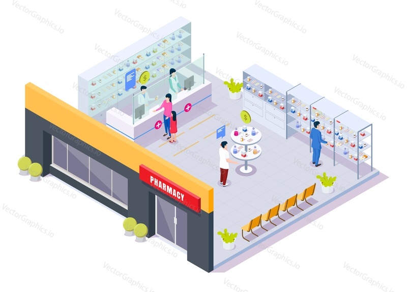 Pharmacy store with characters, isometric cutaway isolated vector illustration. Drugstore building interior with pharmaceutical shelves, pharmacists selling, patients buying prescription drugs, pills.