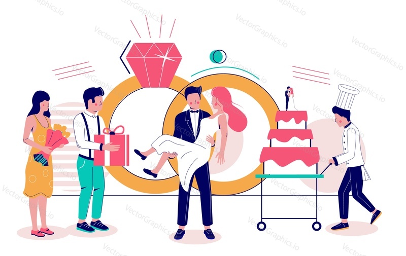 Huge wedding rings and micro characters bride and groom, guests with gifts, chef with big cake, vector flat illustration. Wedding organizer service, party celebration concept for website page etc.
