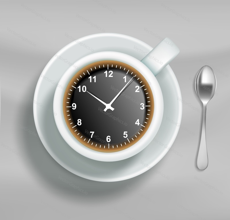 Time to drink coffee vector poster, banner design template. Cup of coffee with clock on saucer, top view illustration. Coffee break.