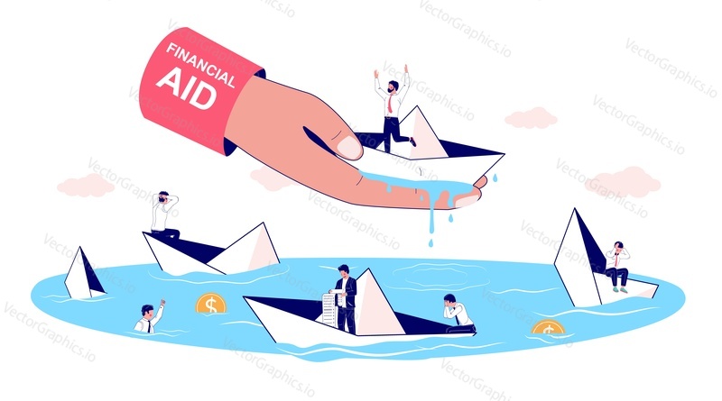 Financial support for business survival concept vector flat illustration. Human hand saving businessman sitting in paper boat from drowning. Financial aid, business bankruptcy.