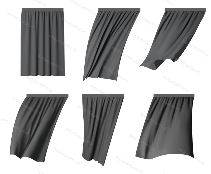 Black fluttering curtain set, vector illustration isolated on white background. Realistic lightweight curtains, window coverings for interior decoration.