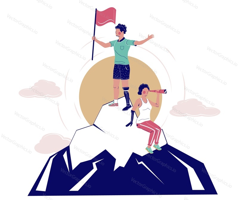 Disabled people conquering mountain peak, vector flat illustration. Path to success concept. Happy male and female characters with disabilities overcoming difficulties and achieving success in life.