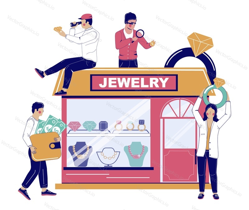 Jewelry store, vector flat illustration. Jewelry shop building, gem stones, precious rings, necklaces on window showcase, male and female characters jewelers, happy customers with money, diamond ring.