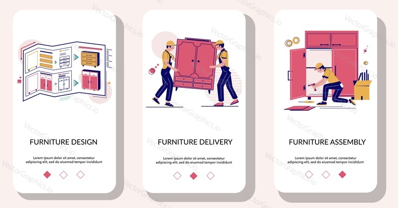 Furniture design, delivery and assembly mobile app onboarding screens. Menu banner vector template for website and application development. Design, measurement, home delivery, installing services.