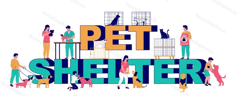 Pet shelter typography banner template, vector flat illustration. Animal shelter workers, volunteers walking and feeding dogs, people adopting pets. Veterinary care.