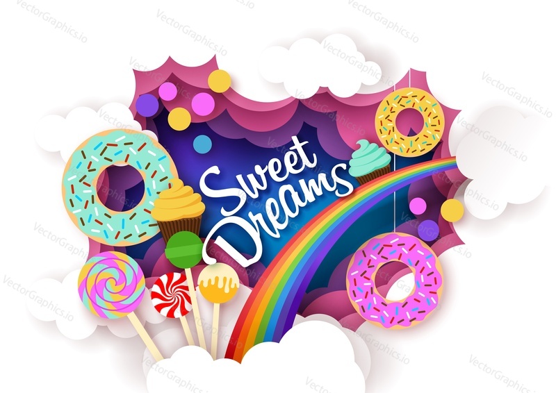 Sweet dreams, vector illustration in paper art craft style. Delicious glazed donuts, tasty lollipops, cupcakes and rainbow. Bright and yummy sweet pastry, sugar candies, desserts.